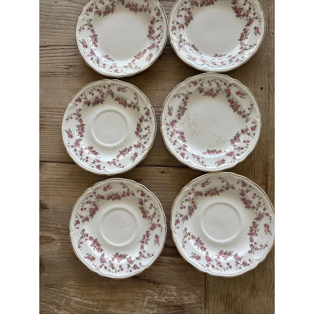 Lot Of 10 Edwin M Knowles China Co Semi Vitreous Saucer Pink Gold Trim Rose MINT